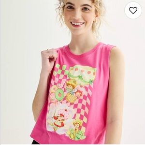 Juniors' L Strawberry Shortcake Boxy Sleeveless Tank Top Pink Raw Edge